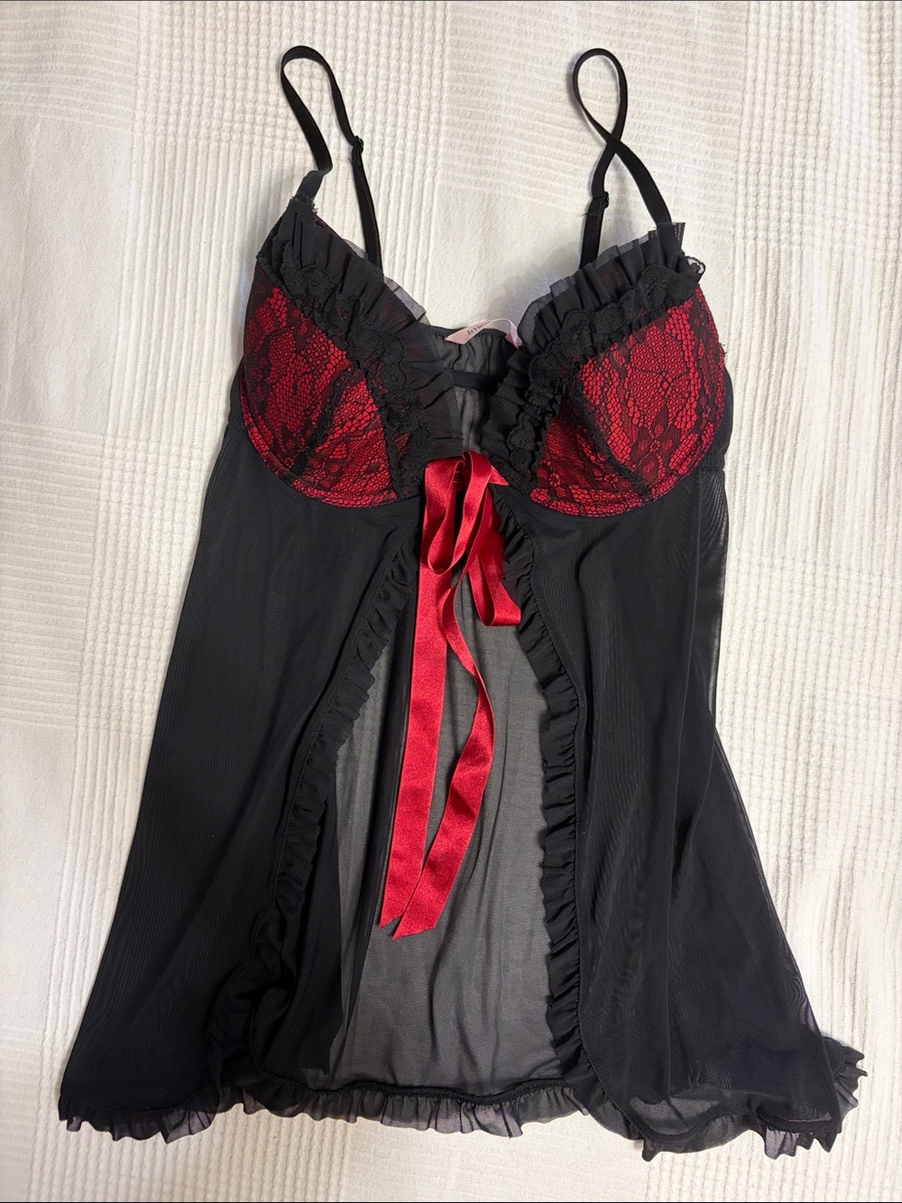 La Vie En Rose Black Chemise with Red Lace Cups and Satin Ribbon